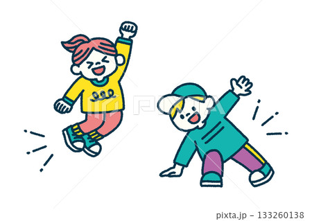 子供 ダンス ジャンプ ポーズ 手描き イラスト セット 133260138