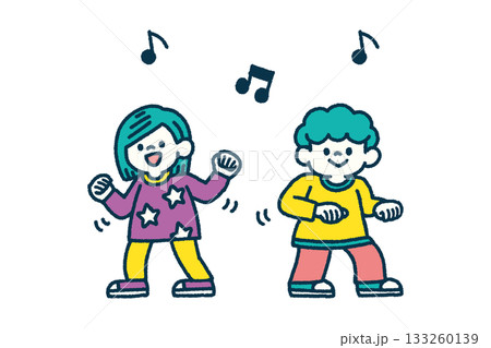 子供 ダンス リズム ポーズ 手描き イラスト セット 133260139
