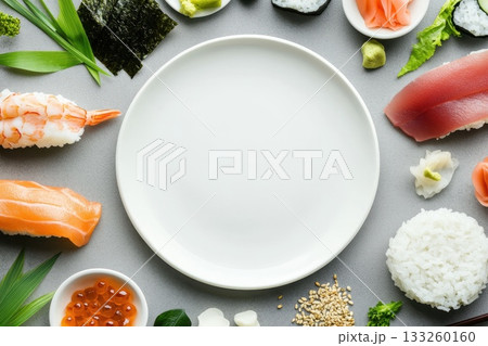 Fresh Sushi Ingredients Displayed Around a Blank Plate Ready for Presentation Fresh Sushi Ingredients Displayed Around a Blank Plate Ready for Presentation 133260160
