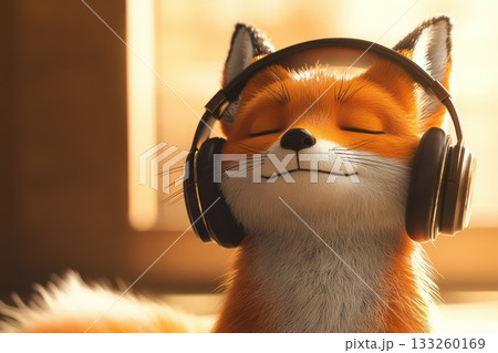 Charming Fox with Fluffy Tail Wearing Headphones in a Warm Setting 133260169