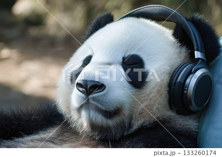 Sleepy Panda Bear with Thick Black and White Fur Wearing Headphones in a Relaxed State Sleepy Panda Bear with Thick Black and White Fur Wearing Headphones in a Relaxed State 133260174