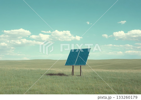 Solar Panel Glowing Under Clear Sky in Open Field with Lush Green Grass Solar Panel Glowing Under Clear Sky in Open Field with Lush Green Grass 133260179