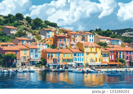 Picturesque Colorful Coastal Village Scene by the Water with Blue Sky and White Clouds Picturesque Colorful Coastal Village Scene by the Water with Blue Sky and White Clouds 133260201