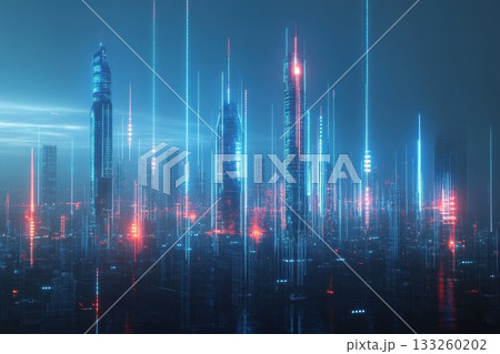 Conceptual Visualization of 6G Wireless Technology in a Futuristic Urban Landscape Conceptual Visualization of 6G Wireless Technology in a Futuristic Urban Landscape 133260202
