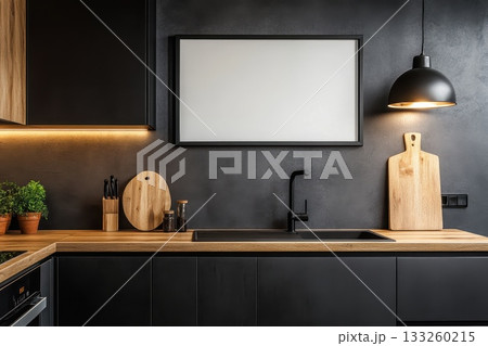Modern Minimalist Kitchen Design with Dark Elements and Wooden Accents in Urban Setting 133260215