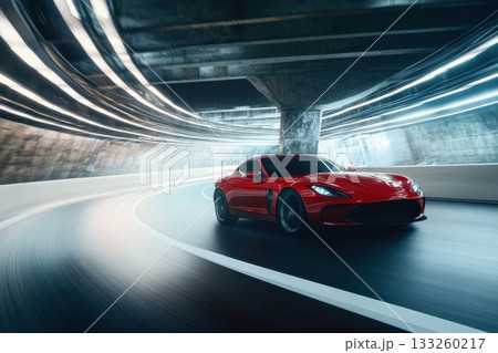 Red Sports Car in Motion on Empty Modern Tunnel with Dynamic Light Trails 133260217