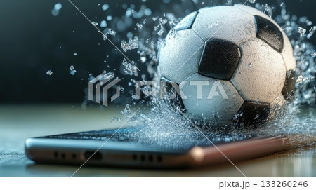 Water Spray from Soccer Ball Hitting Smartphone on Table Surface at Dynamic Angle 133260246