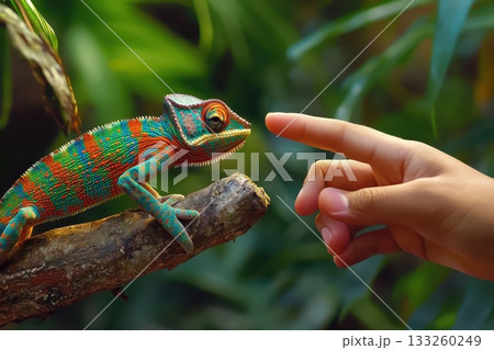 Colorful Chameleon Reaching Out to Human Hand in Vibrant Jungle Environment Colorful Chameleon Reaching Out to Human Hand in Vibrant Jungle Environment 133260249