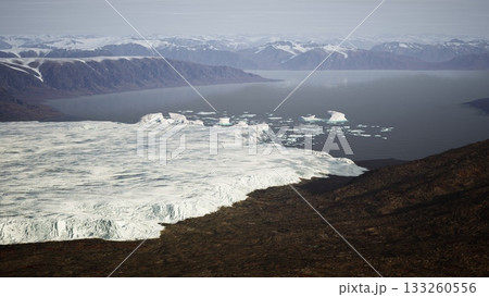 Majestic glaciers flow down rocky slopes, merging with calm waters. Mountains tower in the background under a clear sky, highlighting natures beauty and fragility at this remote Arctic location. 133260556