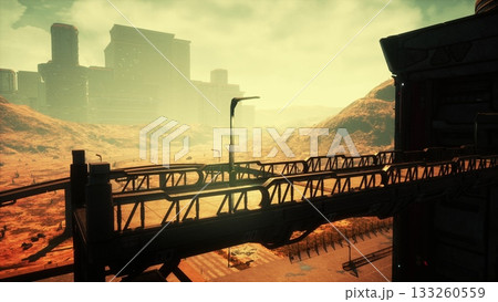 In a deserted cityscape, shadows dance on abandoned structures as the sun sets. The eerie glow highlights the bridge, leading to a world of forgotten technology and natures reclaiming touch. 133260559