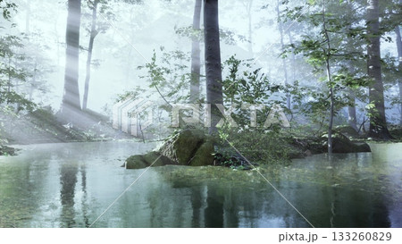 A tranquil forest glade emerges as morning mist dances with sunlight. Soft rays filter through trees, reflecting on the calm waters surface, creating a peaceful atmosphere. A tranquil forest glade emerges as morning mist dances with sunlight. Soft rays filter through trees, reflecting on the calm waters surface, creating a peaceful atmosphere. 133260829