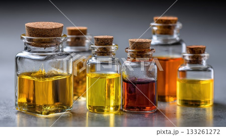 Essential Elixirs: A Collection of Natural Oils and Aromatherapy Solutions in Glass Vials with Cork Stoppers, Featuring Vibrant Golden and Amber Hues for Wellness, Skincare, and Fragrance Applications 133261272