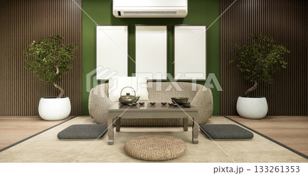 Minimalist Green Living Room muji style Interior Design have sofa wabisabi and decoration japandi. 3D rendering Minimalist Green Living Room muji style Interior Design have sofa wabisabi and decoration japandi. 3D rendering 133261353