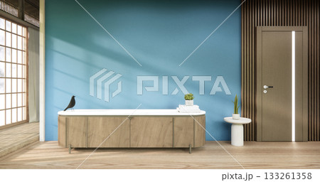 Mockup Empty cabinet shelf in blue room minimal with modern wood panels wall background 3D illustration rendering Mockup Empty cabinet shelf in blue room minimal with modern wood panels wall background 3D illustration rendering 133261358