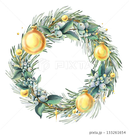 A Christmas wreath of pine branches and snowberries with golden baubles, beads, and glitter. Hand-drawn watercolor illustration. Curved frame, text template, winter, New Year's composition. 133261654
