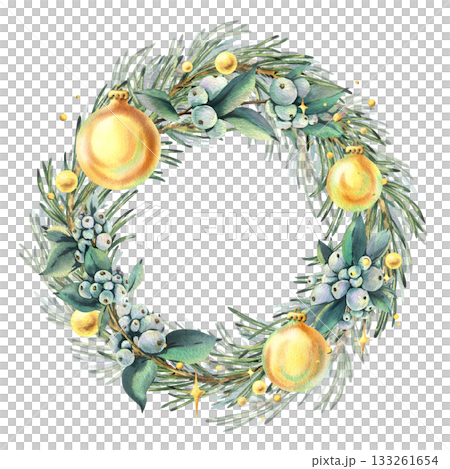 A Christmas wreath of pine branches and snowberries with golden baubles, beads, and glitter. Hand-drawn watercolor illustration. Curved frame, text template, winter, New Year's composition. 133261654