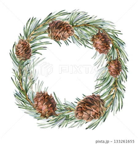 A Christmas wreath of green pine branches and brown cones. Hand-drawn watercolor illustration. A curly frame, a text template, and a winter New Year's composition for decor, greetings, and information 133261655
