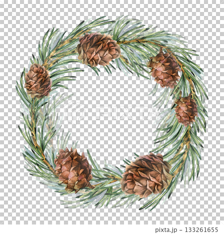 A Christmas wreath of green pine branches and brown cones. Hand-drawn watercolor illustration. A curly frame, a text template, and a winter New Year's composition for decor, greetings, and information 133261655