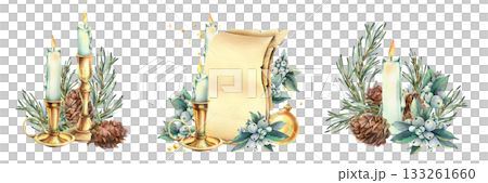 Burning candles in candlesticks with pine branches, pine cones, snowberries, and a papyrus sheet for writing. Hand-drawn watercolor illustration. Set of Christmas, New Year, and winter compositions. 133261660