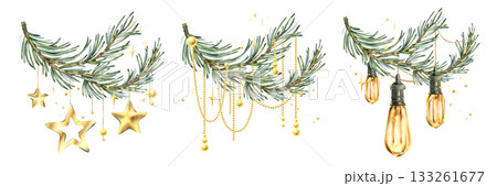 Golden stars, balls, and retro lamps with beads and twinkling lights hung on pine branches. Hand-painted watercolor illustration. A set of Christmas, New Year, and winter decorative arrangements. 133261677