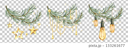 Golden stars, balls, and retro lamps with beads and twinkling lights hung on pine branches. Hand-painted watercolor illustration. A set of Christmas, New Year, and winter decorative arrangements. 133261677