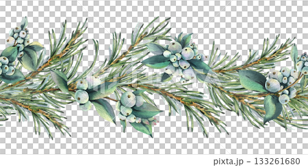 A seamless border pattern of pine branches with snowberry branches bearing white berries and green leaves. Hand-drawn watercolor illustration. A Christmas and winter composition for decor and design. A seamless border pattern of pine branches with snowberry branches bearing white berries and green leaves. Hand-drawn watercolor illustration. A Christmas and winter composition for decor and design. 133261680