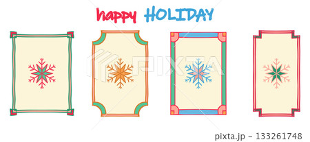 Holiday frame, snowflake shape set. Hand drawn decorative doodle ink brush stroke corner, modern calligraphic freehand grunge line. Rectangle isolated geometric background. Cute vector illustration 133261748