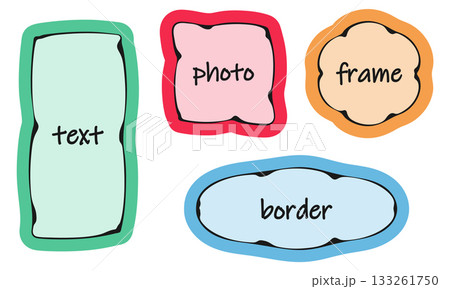 Frame, doodle wave irregular edge border Set. Hand drawn ink paint brush wavy line stroke, multicolour background. Circle wreath, oval, green square, red rectangle geometric shape. Vector illustration 133261750