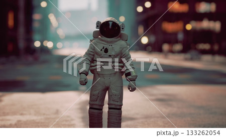Under a captivating urban glow, an astronaut stands alone on an empty street. The futuristic setting contrasts with the traditional cityscape, creating a surreal atmosphere. Under a captivating urban glow, an astronaut stands alone on an empty street. The futuristic setting contrasts with the traditional cityscape, creating a surreal atmosphere. 133262054