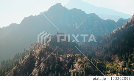 In the early morning light, towering mountains rise majestically above dense forests. Mist clings to the rocky terrain, revealing the beauty of nature in an untouched wilderness. 133262098