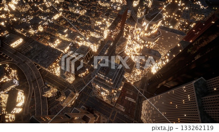 A mesmerizing aerial view showcases a bustling city at twilight, adorned with shimmering lights. The skyscrapers and streets create a stunning pattern of glow against the darkening sky. A mesmerizing aerial view showcases a bustling city at twilight, adorned with shimmering lights. The skyscrapers and streets create a stunning pattern of glow against the darkening sky. 133262119