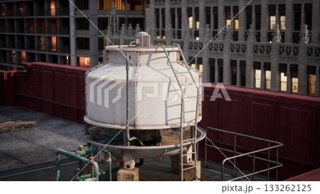 A large, white cooling tower stands prominently on a rooftop, surrounded by urban architecture. The twilight sky casts a warm glow on the city, highlighting the bustling energy below. A large, white cooling tower stands prominently on a rooftop, surrounded by urban architecture. The twilight sky casts a warm glow on the city, highlighting the bustling energy below. 133262125