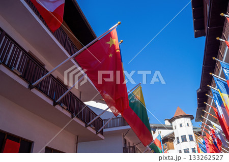 Flags from different countries waving under a bright blue sky in an outdoor setting 133262527