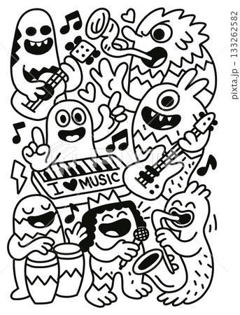 Cartoon monster band playing guitar, keyboard, saxophone, drums, singing, joyful music scene 133262582