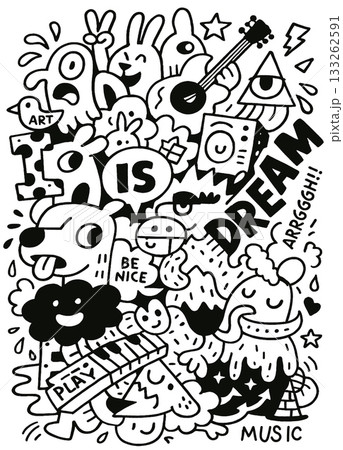 Playful cartoon animal music art dream be nice black and white doodle fun Playful cartoon animal music art dream be nice black and white doodle fun 133262591