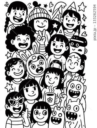 Group of children smiling, wearing costumes, party hats, and glasses, joyful celebration scene 133262594