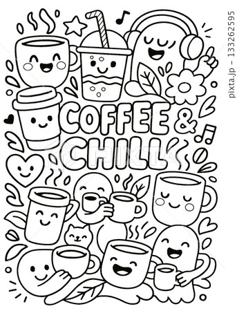 Coffee cup cartoon doodle happy chill music cute black and white illustration Coffee cup cartoon doodle happy chill music cute black and white illustration 133262595