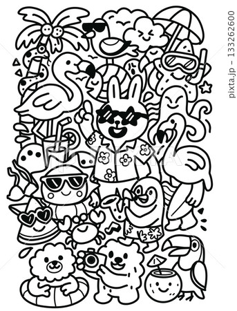 Summer animal cartoon flamingo rabbit penguin tropical sunglasses beach happy vibe 133262600