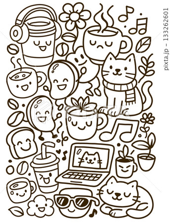 Coffee cup, cat, laptop, flower, music note, bean, and plant in cute doodle style 133262601