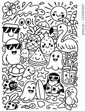 Summer beach fruit flamingo turtle penguin ghost and sun cartoon doodle illustration Summer beach fruit flamingo turtle penguin ghost and sun cartoon doodle illustration 133262607
