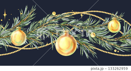 A seamless border of pine branches with golden Christmas baubles and hanging beads on a dark background. Hand-drawn watercolor illustration. A Christmas and winter pattern for decor and design. 133262959