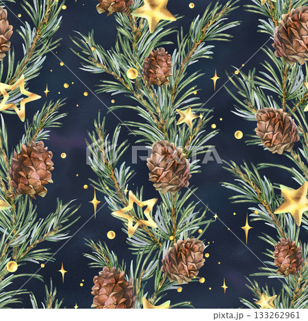A seamless pattern with pine branches and cones, golden stars, and beads. Vertical garlands on a dark. Hand-drawn watercolor illustration. Suitable for Christmas, New Year, and winter decor and design 133262961