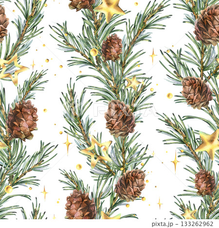 A seamless pattern with pine branches and cones, golden stars, and beads in vertical garlands. Hand-drawn watercolor illustration. A Christmas, New Year, and winter ornament for decor and design. 133262962