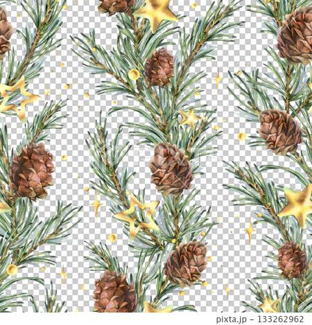A seamless pattern with pine branches and cones, golden stars, and beads in vertical garlands. Hand-drawn watercolor illustration. A Christmas, New Year, and winter ornament for decor and design. 133262962