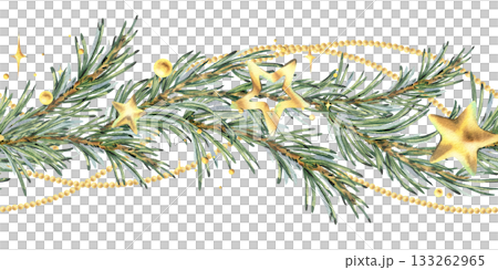 A seamless border pattern of pine branches with Christmas twinkles, gold stars, and hanging beads. Hand-drawn watercolor illustration. A Christmas and winter composition for decor and design. A seamless border pattern of pine branches with Christmas twinkles, gold stars, and hanging beads. Hand-drawn watercolor illustration. A Christmas and winter composition for decor and design. 133262965