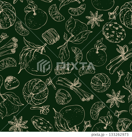 Hand-drawn line art seamless pattern with Christmas sweets, tangerines, cinnamon and spices. This festive graphic design is perfect for holiday gift wrap, seasonal branding and confectionery packaging 133262973