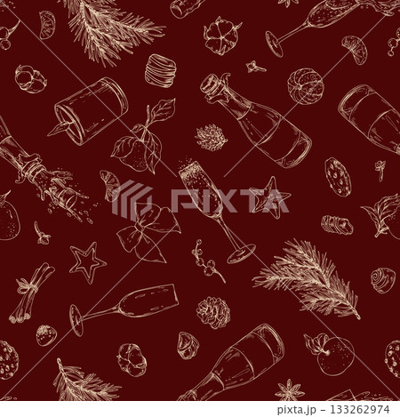 Hand-drawn line art seamless pattern with champagne, pine cones, cookies and tangerines on a red background. Festive graphic design for New Year wrapping paper, holiday branding and party decoration. Hand-drawn line art seamless pattern with champagne, pine cones, cookies and tangerines on a red background. Festive graphic design for New Year wrapping paper, holiday branding and party decoration. 133262974