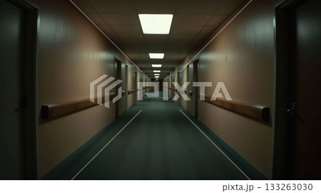 Empty eerie hospital hallway with dim fluorescent lights 133263030