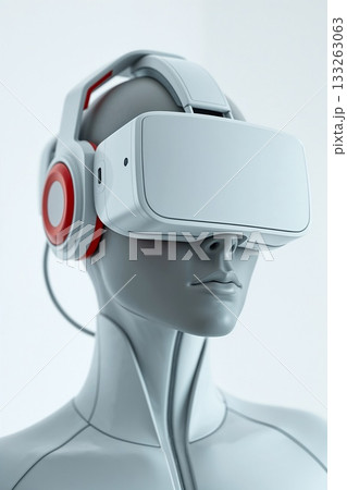 gray mannequin wearing virtual reality goggles and headphones with red accents 133263063