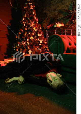 Exhausted performer after gala resting on tufted couch 133263302